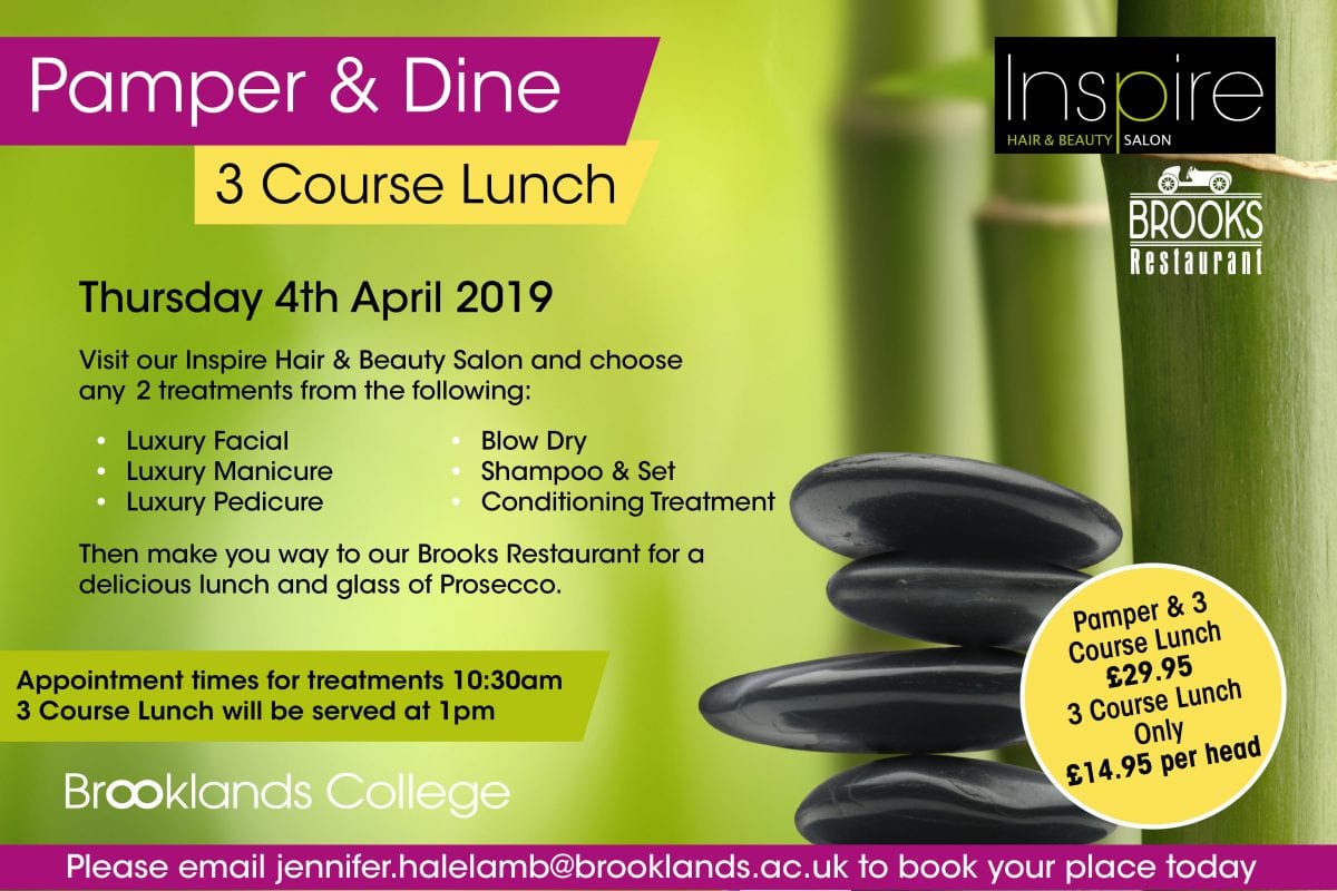 Pamper and Dine Poster at Brooklands College, Weybridge