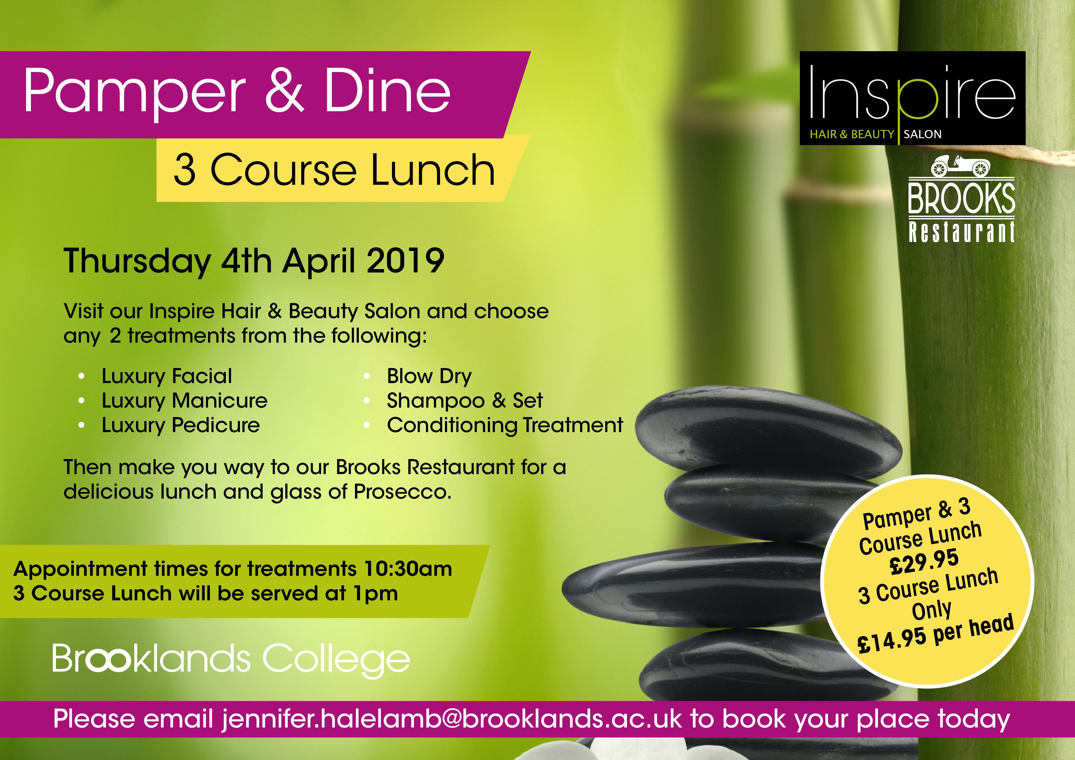 Pamper and Dine Poster at Brooklands College, Weybridge